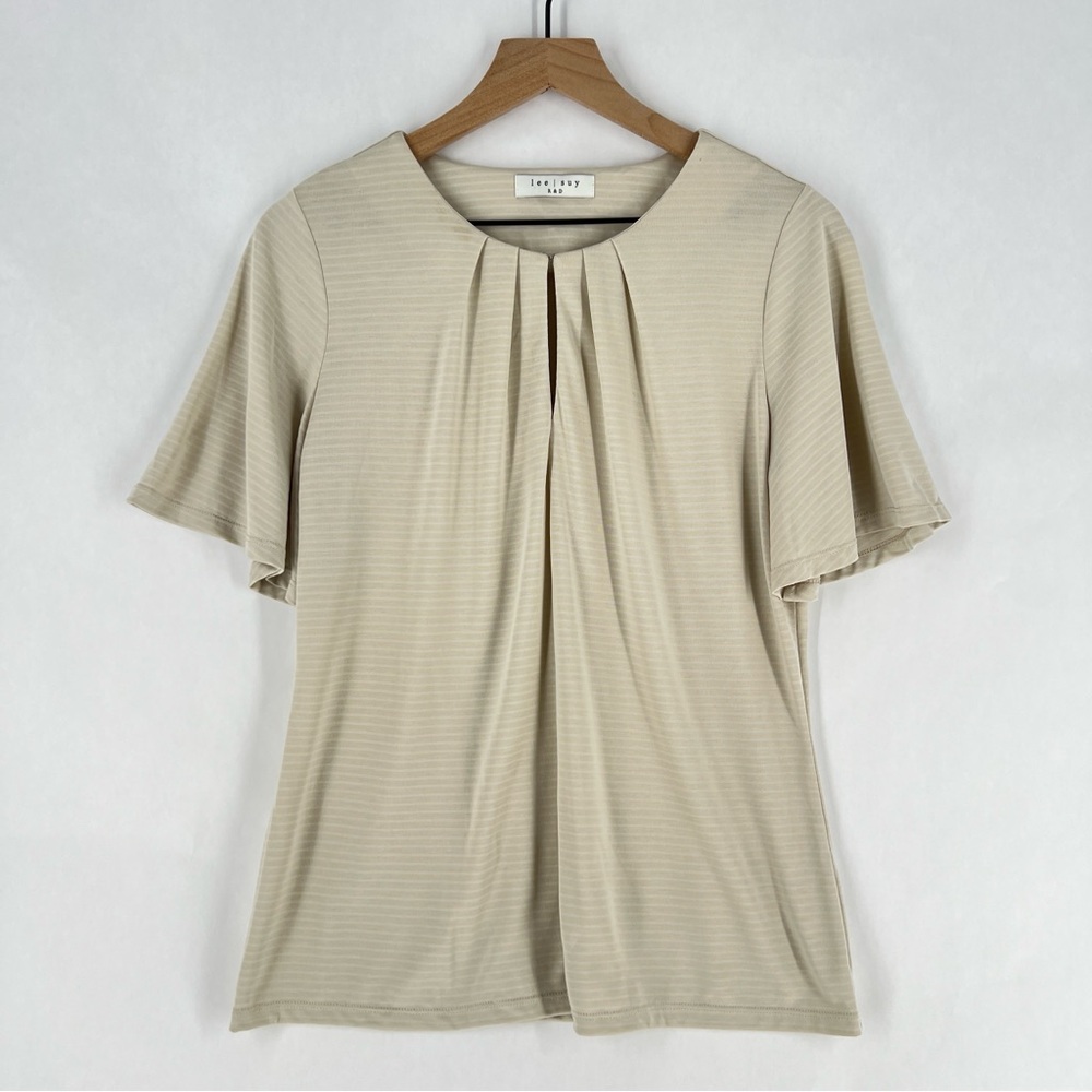 Lee Suy R&D Stretch Tan White‎ Striped Flutter Sleeves Sleeve Pleated Front Top